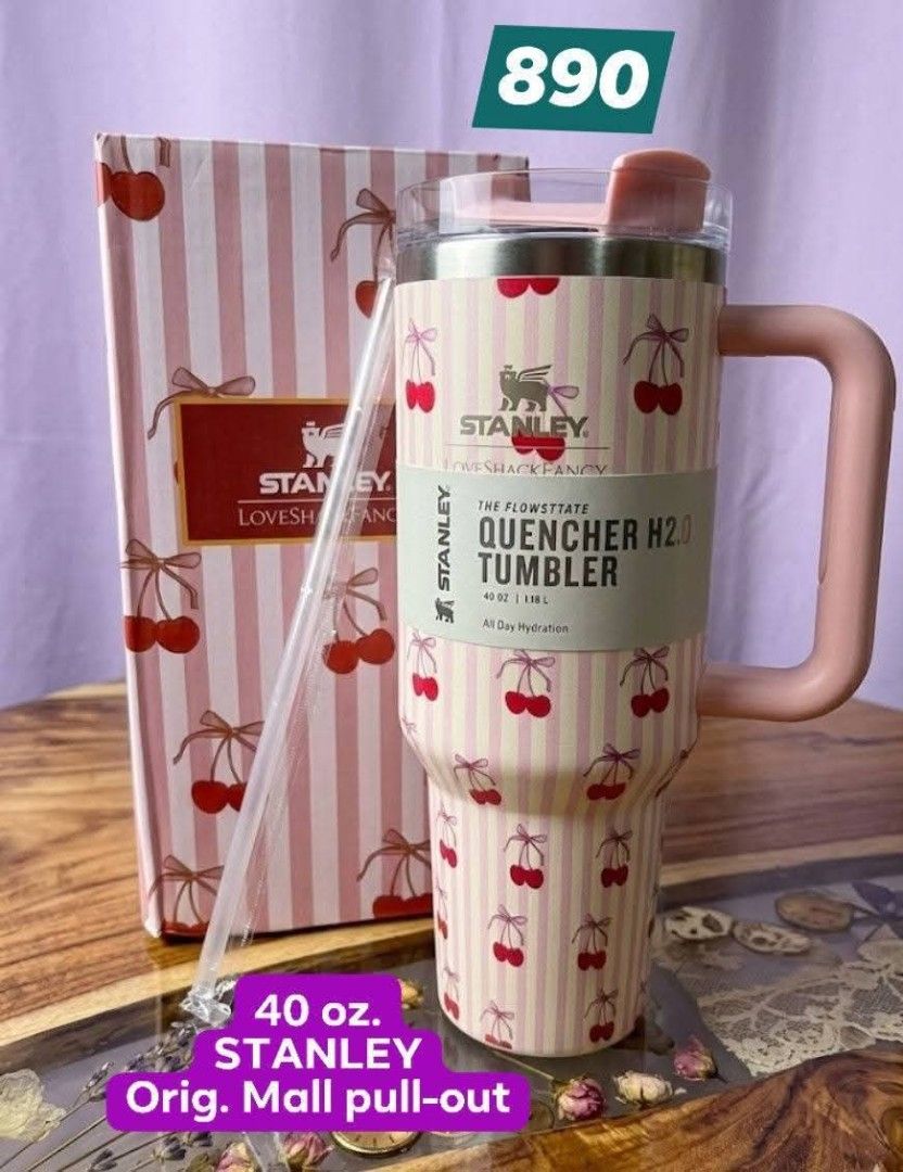 Stanley Quencher H2.0 Tumbler 40oz (Category: Water Bottles & Tumblers) located in Bulacan. Submitted by chunaichie (Listing ID 1439863326, Image 1). Description: - Stanley Quencher H2.0 Tumbler - Cherry design - 40 oz capacity - Includes handle and straw - Comes with original box - factory pull-out item 📣 BACK TO SCHOOL SALE📣 🪻 all are ONHAND & ACTUAL photos 🪻 ⚡ TOP-NOTCH PREMIUM MIRROR COPY HIGH-QUALITY FACTORY PULL-OUT ⚡ ‼️ New arrivals & 