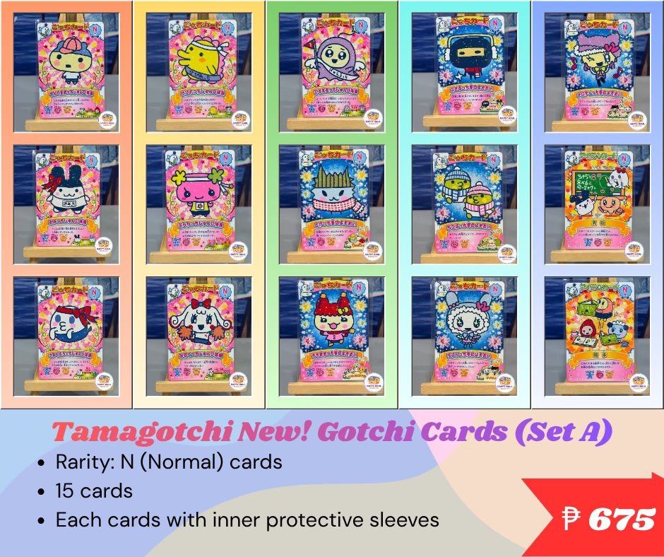 Tamagotchi New! Gotchi Cards Volume 1 (Category: Raw Singles) located in Bacoor. Submitted by hapikidtchi (Listing ID 1439862605, Image 2). Description: Tamagotchi New! Gotchi Cards (Set A) 675 pesos ✅ 15 cards ✅ With card sleeves ✅ Rarity: Normal (N) .
