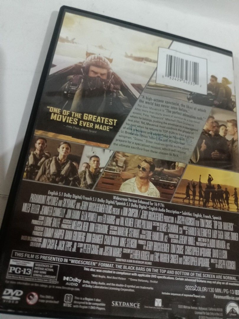 Top Gun Maverick Tom Cruise DVD (Category: CDs & DVDs) located in Manila. Submitted by jeannetteyago (Listing ID 1439940846, Image 3). Description: - Experience Top Gun Maverick on DVD! - Starring Tom Cruise - Widescreen format - Audio: English 5.1 Dolby Digital - Audio Descriptions: English, French, Spanish - Compatible with all DVD players.