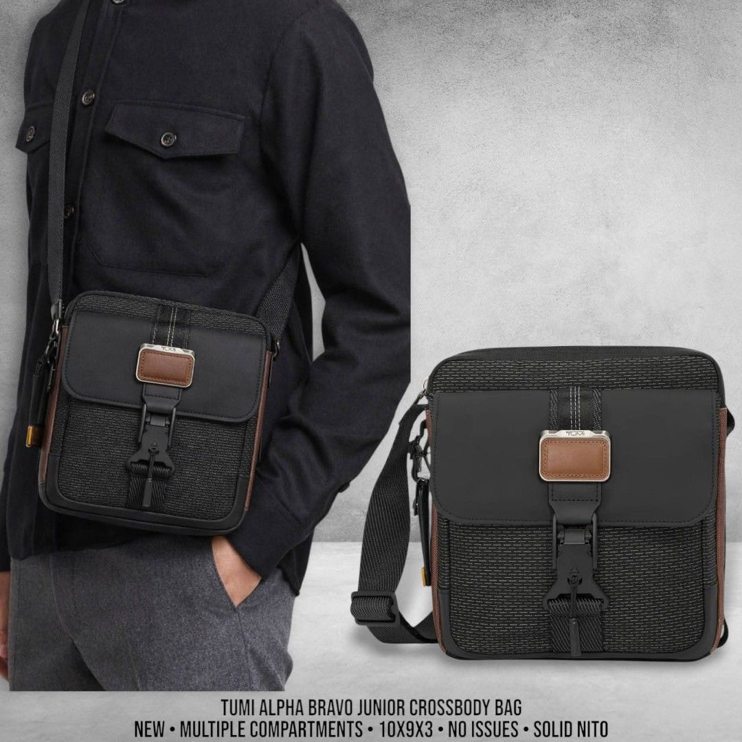 TUMI ALPHA BRAVO JUNIOR CROSSBODY BAG (Category: Sling Bags) located in Tagbilaran City. Submitted by g.itw (Listing ID 1439971299, Image 1). Description: TUMI ALPHA BRAVO JUNIOR CROSSBODY BAG MULTIPLE COMPARTMENTS BALLISTIC WEAVE NYLON AIRCRAFT-GRADE HARDWARE GENUINE LEATHER LIKE NEW 10 INCHES HEIGHT 9 INCHES WIDTH 3 INCHES DEPTH NO ISSUES 4,550+SF.