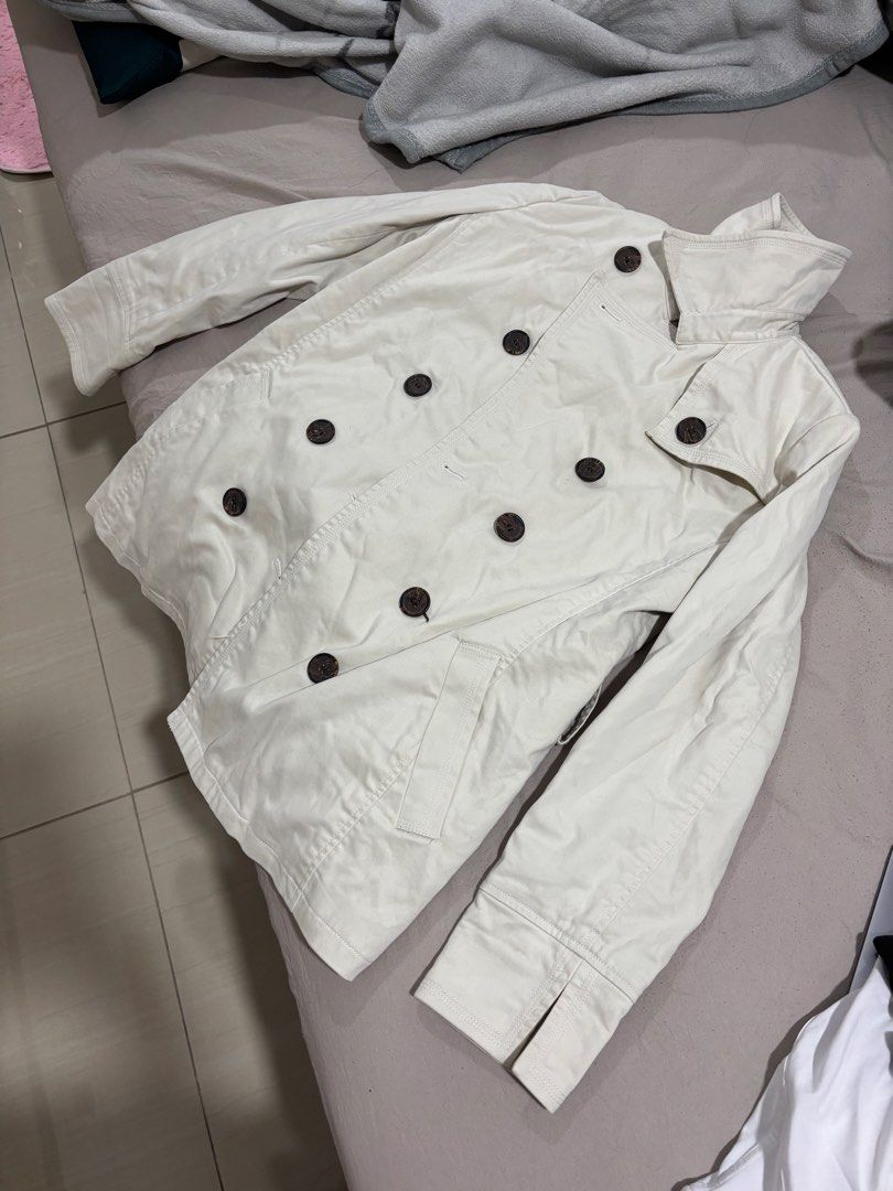 Veeko Double-Breasted Cream Jacket with Floral Lining (Category: Coats, Jackets and Outerwear) located in Manila. Submitted by kur3ng (Listing ID 1439968500, Image 1). Description: RFS: Declutter - Stylish cream double-breasted jacket - Classic button closure - Chic stand-up collar - Unique floral print lining - Good condition.
