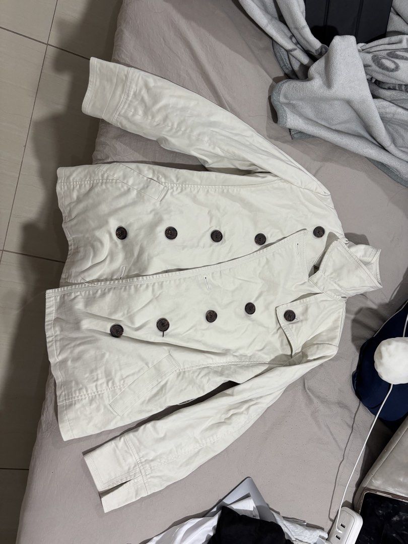 Veeko Double-Breasted Cream Jacket with Floral Lining (Category: Coats, Jackets and Outerwear) located in Manila. Submitted by kur3ng (Listing ID 1439968500, Image 2). Description: RFS: Declutter - Stylish cream double-breasted jacket - Classic button closure - Chic stand-up collar - Unique floral print lining - Good condition.