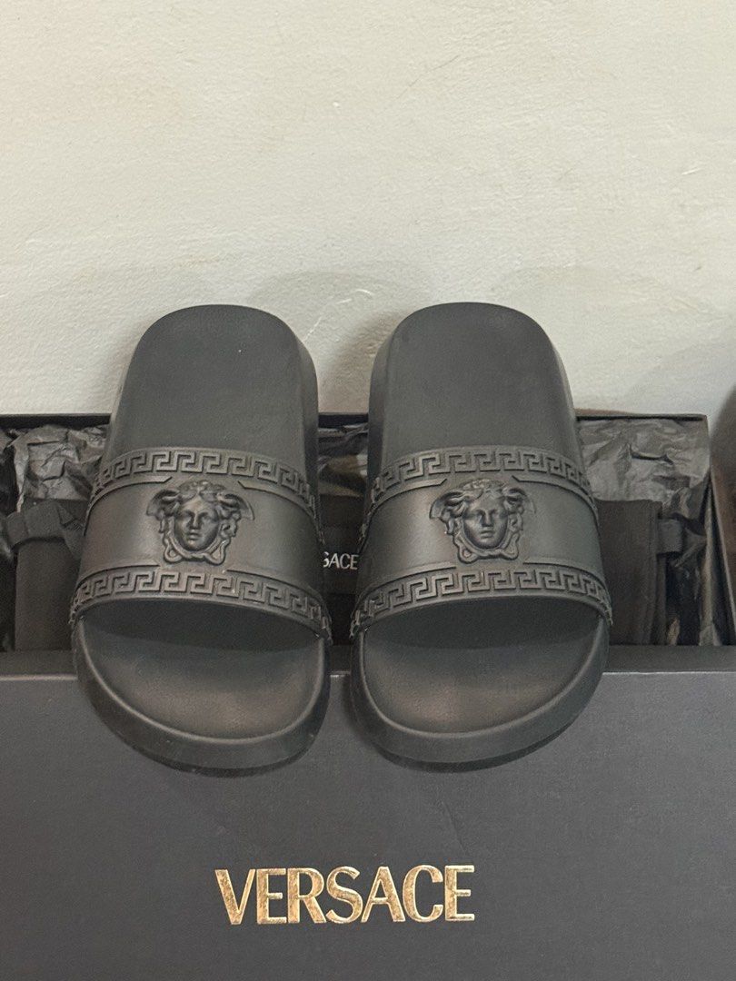 Versace Slides (Category: Slippers & Slides) located in Pasay City. Submitted by Secret_Retros (Listing ID 1439832974, Image 1). Description: For sale Versace Slide Size 41 fit to 8-9 mens Complete inclusion box dust bag paperbag Used few times Has few scratches ₱17.5k.