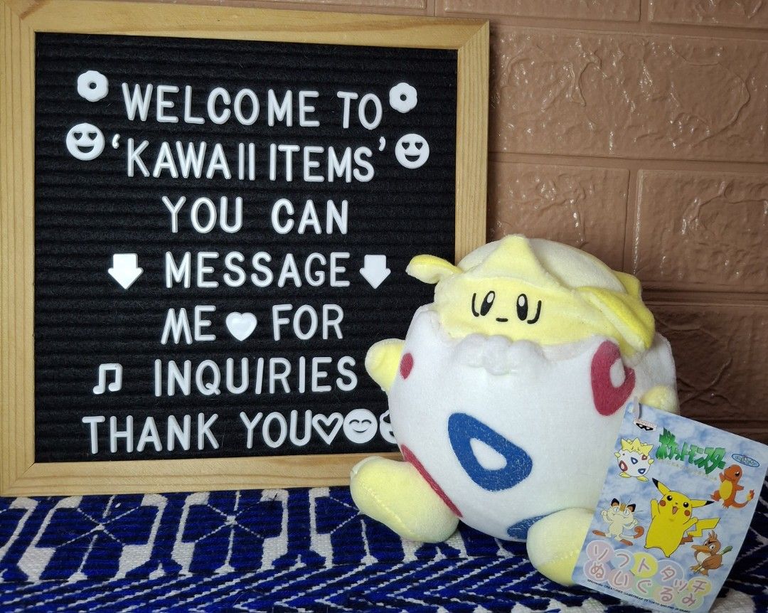 Vintage 1999 Pokemon Togepi Plush Toy (Category: Toys & Games) located in Bulacan. Submitted by kawaii_items_stuffed_toys (Listing ID 1439971570, Image 1). Description: Brand new with paper tag From japan box Banpresto Vintage 1999 Nintendo Pokemon Togepi Height 7inches/18cm Just message me if you ever want to see more pictures of the item, I'm more than glad to assist you. 📌Location: San Jose Del Monte Bulacan, Philippines 🛵Shipping: Flash/Lal