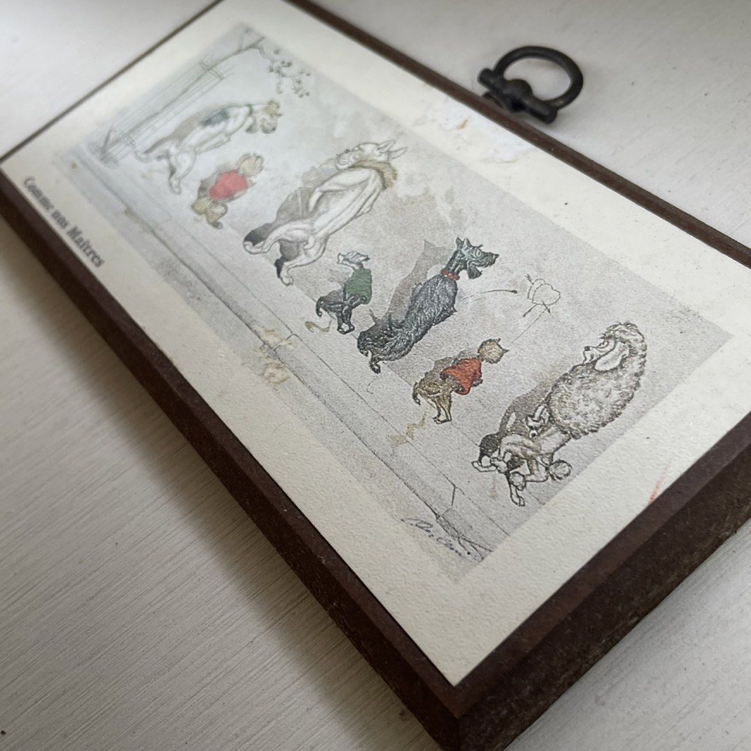 Vintage French Dog Illustration Plaque "Comme nos Maîtres" Wooden Wall Hanging Art Decor (Category: Art & Prints) located in Tagaytay City. Submitted by barenwolf (Listing ID 1439848254, Image 2). Description: Rare Vintage French Satirical Dog Illustration Wooden Plaque Art – “Comme nos Maîtres” (Like Our Masters) Add a touch of classic European charm and humor to your space with this unique vintage wooden wall plaque. Featuring a humorous French