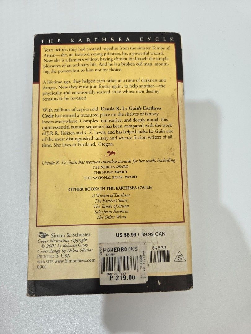 [Vintage] Tehanu by Ursula K. Le Guin (Category: Storybooks) located in Bacolod City. Submitted by maraline (Listing ID 1439914053, Image 3). Description: - Title: Tehanu by Ursula K. Le Guin - Part of the Earthsea Cycle - Cover Illustration: Dragon and woman - Condition: Pages intact and readable - Publisher: Simon & Schuster.