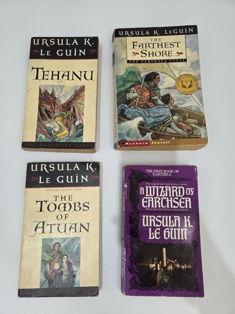 [VINTAGE] Ursula K. Le Guin Earthsea Cycle Book Set (Category: Storybooks) located in Bacolod City. Submitted by maraline (Listing ID 1439938011, Image 1). Description: - Collection of Ursula K. Le Guin's Earthsea Cycle books. - Includes the following titles: 'A Wizard of Earthsea', 'The Tombs of Atuan', 'Tehanu', and 'The Farthest Shore'. - A must-have for fans of classic fantasy novels. - Great addition to any book lover's collection. Selling 2