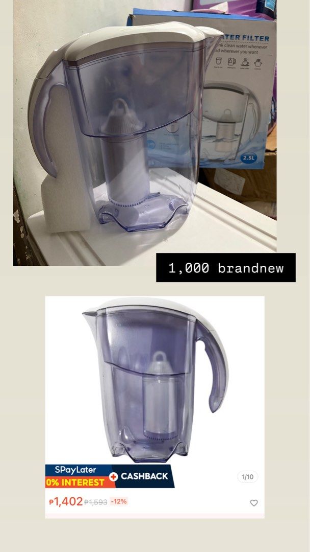 Water Filter Pitcher 2.5L (Category: Pitchers & Dispensers) located in Manila. Submitted by opssyyyy (Listing ID 1439988080, Image 1). Description: - Enjoy clean, filtered water anywhere. - Large 2.5L capacity. - Easy to use design. - Comes with one filter cartridge included..