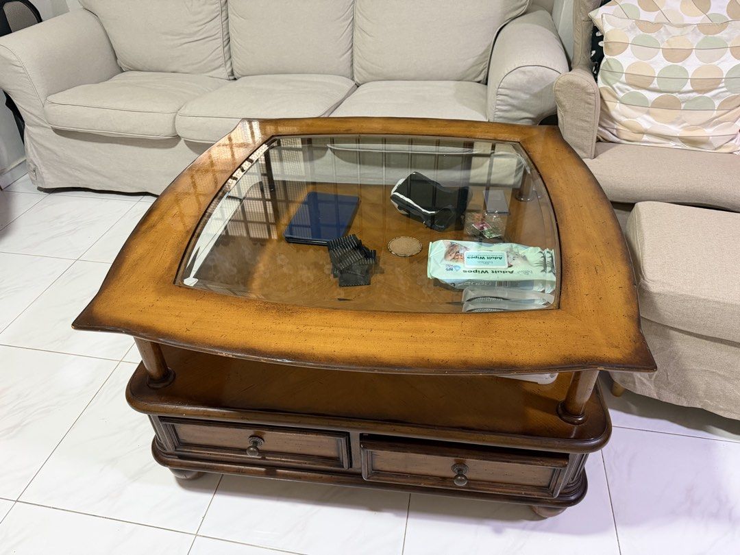 Wooden Coffee Table with Glass Top, Furniture &amp; Home Living, Furniture ...