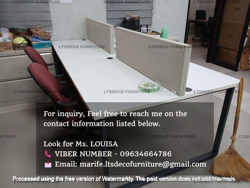 WORKSTATION TABLE DESK OFFICE PARTITION FURNITURES (Category: Office Furniture & Fixtures) located in Quezon City. Submitted by abbiedy (Listing ID 1439859351, Image 1). Description: For inquiries, quotations, estimates, and orders, please contact us for faster transactions or kindly send your floor plan layout via email. 👩‍💼 Look for Ms. 𝐋𝐈𝐑𝐀𝐀 Sales Executive - 📞 V I B E R NUMBER: 𝟎𝟗𝟔𝟑𝟒𝟔𝟔𝟒𝟕𝟖𝟔 📞 W H A T S APP NUMBER: 𝟎𝟗𝟔𝟑�
