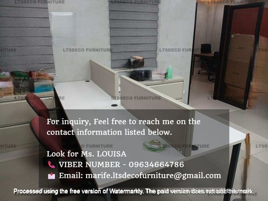 WORKSTATION TABLE DESK OFFICE PARTITION FURNITURES (Category: Office Furniture & Fixtures) located in Quezon City. Submitted by abbiedy (Listing ID 1439859351, Image 2). Description: For inquiries, quotations, estimates, and orders, please contact us for faster transactions or kindly send your floor plan layout via email. 👩‍💼 Look for Ms. 𝐋𝐈𝐑𝐀𝐀 Sales Executive - 📞 V I B E R NUMBER: 𝟎𝟗𝟔𝟑𝟒𝟔𝟔𝟒𝟕𝟖𝟔 📞 W H A T S APP NUMBER: 𝟎𝟗𝟔𝟑�