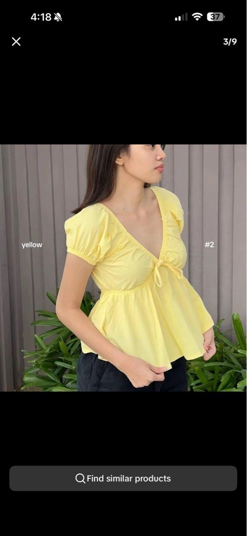Yellow Puff Sleeve Top (Category: Blouses) located in Angono. Submitted by gentlyadoredstuff (Listing ID 1439886586, Image 3). Description: - Brand New - XS- Semi large - Puff sleeves - Peplum hem - Square neckline - Tie detail at bust.