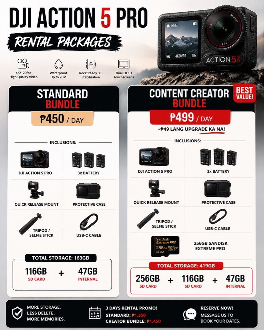 🎥 DJI Action 5 Pro – FOR RENT (Category: Cameras) located in Valenzuela. Submitted by eaonlineshopping (Listing ID 1433633347, Image 2). Description: Planning a trip? 🌴✈️ Don’t settle for low quality memories 😭 Capture everything in clear, stable & cinematic shots 🎬✨ 🎥 DJI Action 5 Pro – FOR RENT ✔️ Ultra wide (kasya lahat sa frame) ✔️ Super stable (no shaky videos) ✔️ Waterproof (perfect for beach & adventures 🌊) 📦 Complete set – ready to