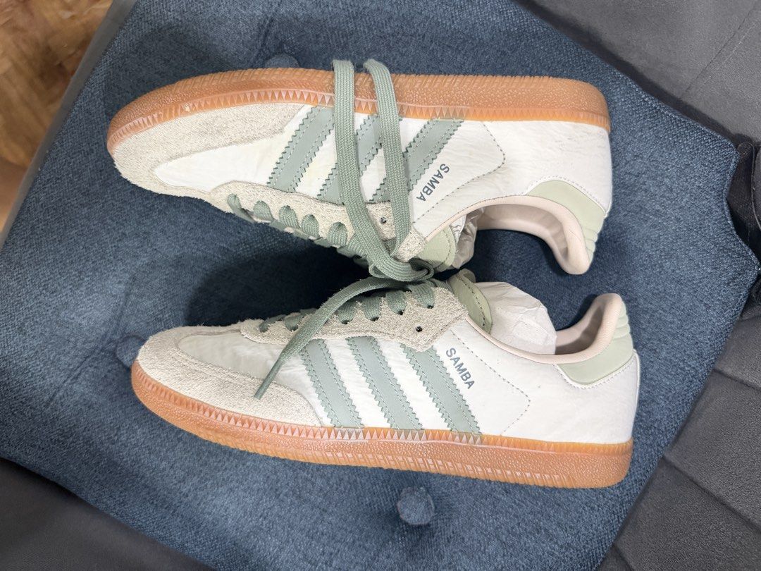 Adidas Samba OG Silver Green Putty Mauve (Category: Sneakers) located in San Fernando. Submitted by olliebash (Listing ID 1440176322, Image 3). Description: Was able to use this for almost less than 4 times. The crinkling effect of the shoes is part of its design. Has minor signs of usage, you can have it cleaned if you want to have that fresh, brand new look. Size is US 7 Women's.