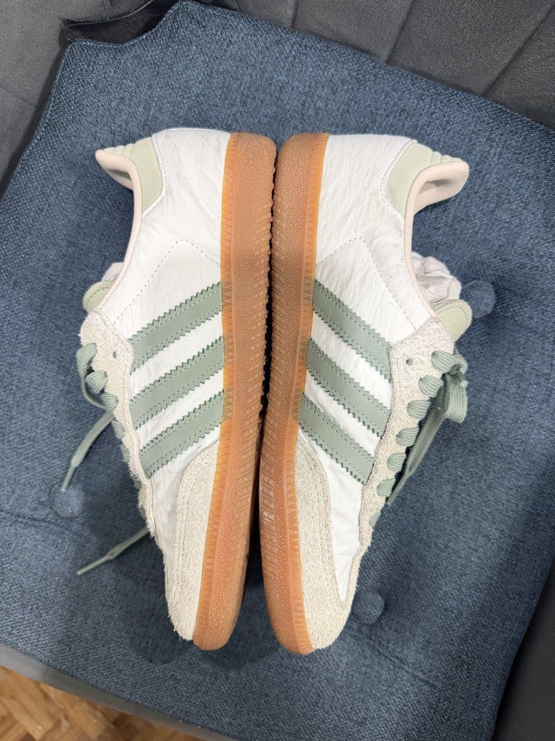 Adidas Samba OG Silver Green Putty Mauve (Category: Sneakers) located in San Fernando. Submitted by olliebash (Listing ID 1440176322, Image 2). Description: Was able to use this for almost less than 4 times. The crinkling effect of the shoes is part of its design. Has minor signs of usage, you can have it cleaned if you want to have that fresh, brand new look. Size is US 7 Women's.