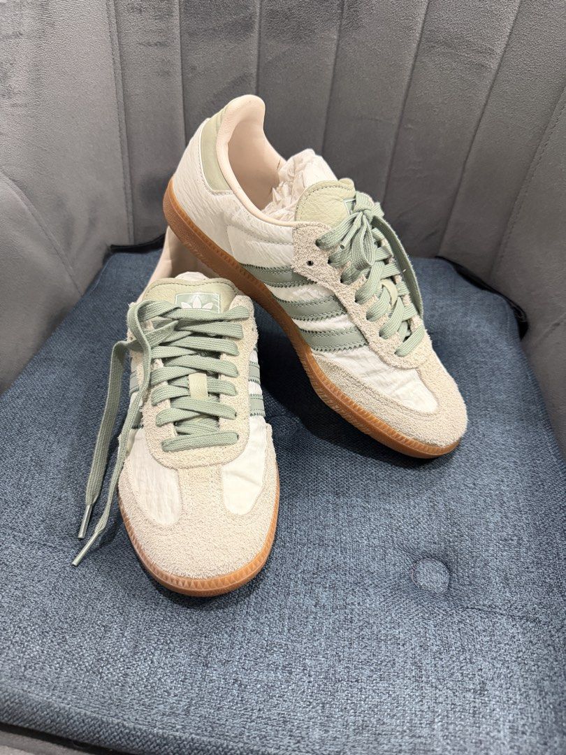 Adidas Samba OG Silver Green Putty Mauve (Category: Sneakers) located in San Fernando. Submitted by olliebash (Listing ID 1440176322, Image 1). Description: Was able to use this for almost less than 4 times. The crinkling effect of the shoes is part of its design. Has minor signs of usage, you can have it cleaned if you want to have that fresh, brand new look. Size is US 7 Women's.