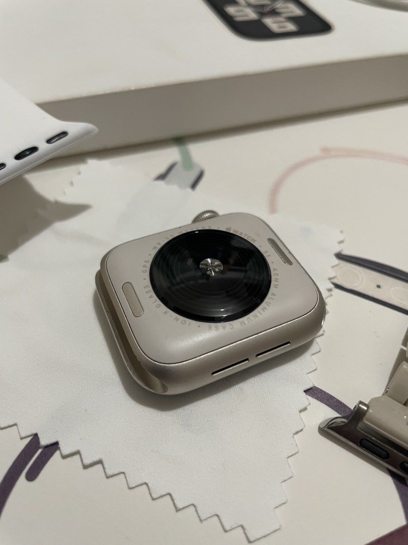 Apple Watch Se 2nd gen Starlight Aluminum Case (Category: Wearables & Smart Watches) located in Mabalacat. Submitted by jlm265 (Listing ID 1440126449, Image 2). Description: - Apple Watch Se 2nd gen - 40mm Case Size - GPS - Starlight Aluminum Case - Battery Health: 92% - Includes Box - Includes Original Charging Cable - Comes with 6 Watch Bands: - White Sport Band - Beige Sport Band - Yellow Sport Band - Metal Link Bracelet - Black Sport Band - G