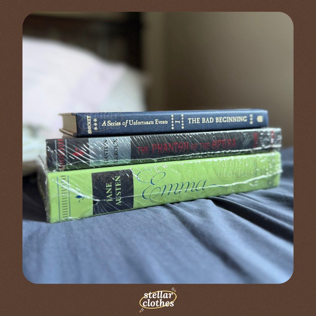 Assorted Hardcover Books (Category: Storybooks) located in Bulacan. Submitted by stellarclothes (Listing ID 1440045489, Image 1). Description: Assorted Hardcover Books ❗️ Please expect minor flaws such as corner dents. Titles: 1. A Series of Unfortunate Events: A Bad Beginning (Book 1) by Lemony Snicket - ₱350 2. ❌❌❌ SOLD [SEALED] The Phantom of the Opera by Gaston Leroux - ₱350 3. ❌❌❌ SOLD [SEALED] Emma by Jane Austen - ₱400 Payment first before