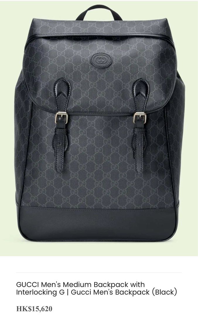 Authentic Gucci Interlocking G pattern Backpack （分類：手袋及銀包）位於 Hong Kong。 由 ajcollector14 提交（商品編號 1440143607，圖片 1）。簡介： Authentic Gucci Interlocking G pattern Backpack Medium Size Slightly Used - like new condition Inside: 1 laptop compartment and 1 zip pocket Outside: 1 zip pocket on the flap Padded back and straps Flap and buckle closure Size: 10.2”W x 16.9”H x 7.1”D Made in Italy Weight: 1.4kg Sold as is with Dust Bag Cash - NO $1000 Bill。