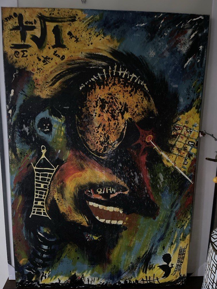 Basquiat inspired original painting on canvas (Category: Frames & Pictures) located in Manila. Submitted by moolodica (Listing ID 1440146086, Image 1). Description: My neighbor is the artist po About 45x60cm canvas Chaotic, expressive, and unique Original price Php5k RFS: raising funds for my cat’s surgery .