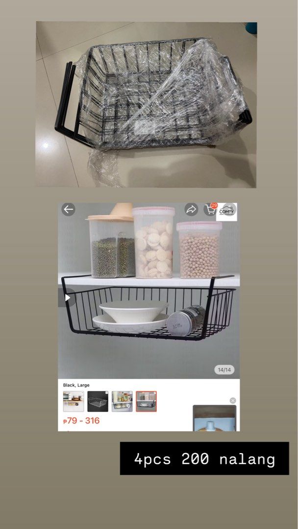Black Wire Storage Basket for Cabinet/Shelf (Category: Storage Boxes & Baskets) located in Manila. Submitted by opssyyyy (Listing ID 1440183449, Image 1). Description: - Organize your kitchen or pantry with this black wire storage basket. - Easily hangs on shelves or cabinets for extra storage. - Ideal for storing plates, jars, and other kitchen essentials. - Get a set of 4 pieces for only 200 pesos!.