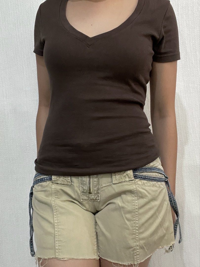 Bloom tan shorts with denim details (Category: Shorts) located in Quezon City. Submitted by mossimoss (Listing ID 1440042416, Image 1). Description: waist 31 in length 12 in .