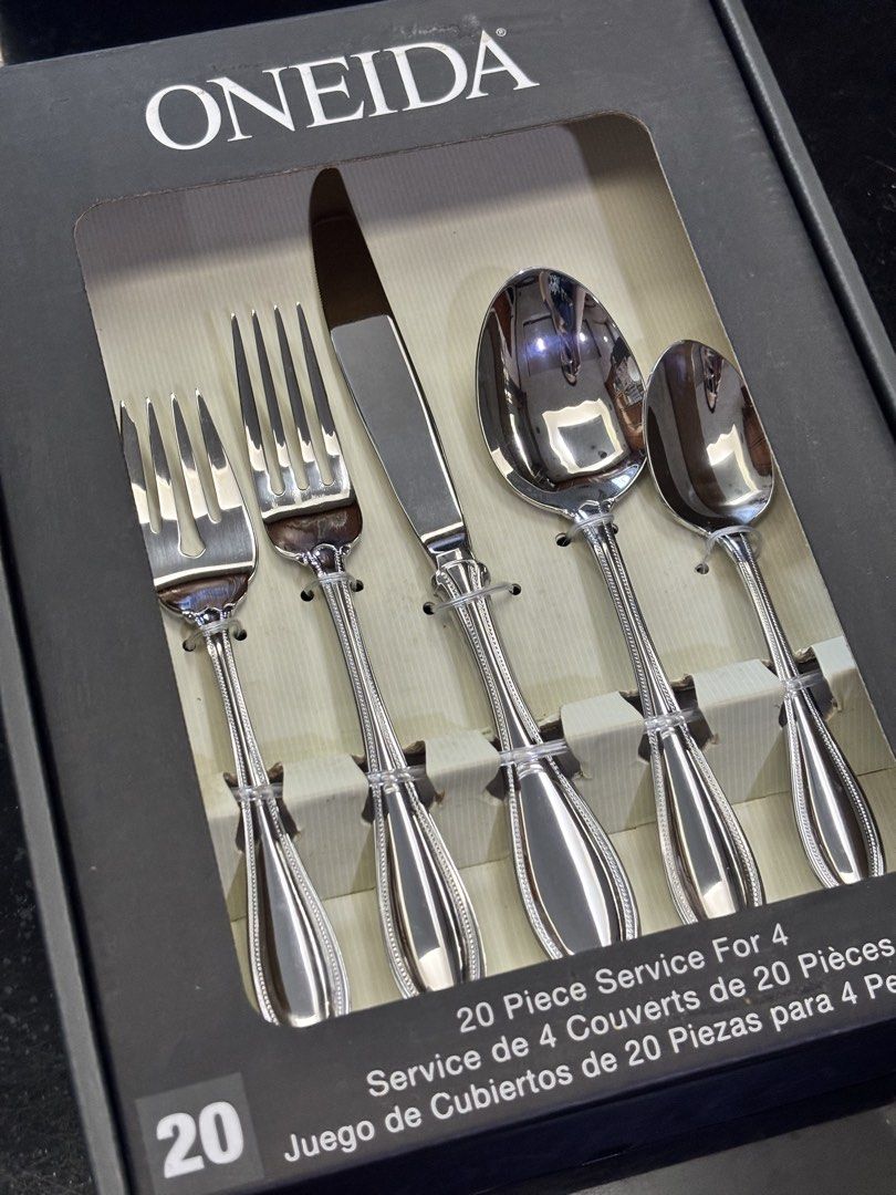 [Buy 1 Take 4] Oneida Tableware for 4 (Category: Dinnerware & Cutlery) located in Quezon City. Submitted by pastalovers (Listing ID 1440013857, Image 2). Description: Buy Oneida, Take all 3 glasswares and 1 condiment and seasoning organizer -Utensils, glasswares, and others have never been used -Check pictures for condition of boxes Oneida: 4 salad fork, 4 place forks, 4 place knives, 4 place spoons, 4 teaspoons Other freebies: 1. 4 glass ice cre