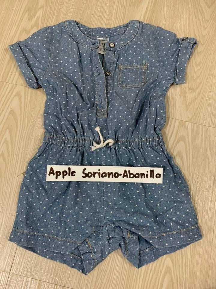 Carter's Blue Polka Dot Denim Romper Size 12 Months (Category: Babies & Kids Fashion) located in Quezon City. Submitted by appleabanilla (Listing ID 1440041729, Image 1). Description: 12 months on tag Lalamove is preferred. Pickup at Proj. 8, Q.C. MOP is Gcash.