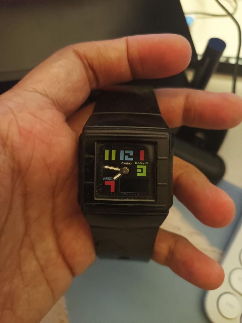 Casio Baby-G Shock Resist Digital Watch (Category: Women's Watches) located in Lucena. Submitted by Spooony.vtg (Listing ID 1440140356, Image 1). Description: - Black Casio Baby-G watch - Digital display with a unique colorful interface - Shock resistant - Water resistant (WR10) - Ideal for everyday wear and active lifestyles Complete but needs service/battery.