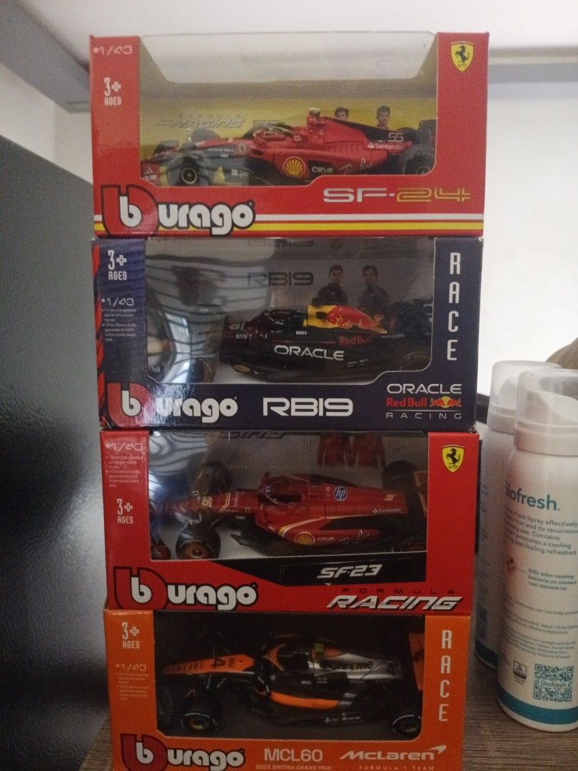 F1 Burago set (Category: Vehicle & Diecast Models) located in Manila. Submitted by shammy_shammy (Listing ID 1440046944, Image 1). Description: F1 burago set. Redbull max verstappen Mclaren Lando norris Ferrari carlos sainz Ferrari charles leclerc slightly nego dahil unscrewed na sila sa box tsaka medyo dusty yung mga box at may mga dents ung box. pwede for kids or F1 Collectors. antipolo rizal area willing to lalamove basta payment first..