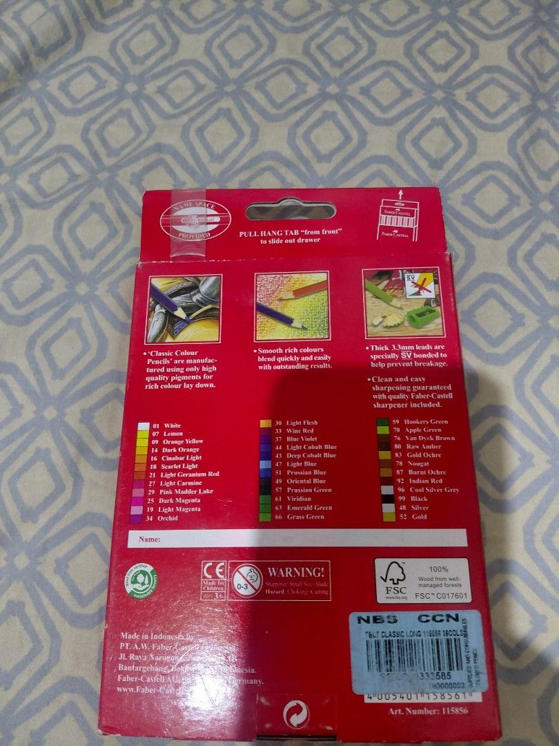 FABER CASTELL 36 PIECE COLOUR PENCIL (Category: Stationery & School Supplies) located in Manila. Submitted by bashamylove0116 (Listing ID 1440137598, Image 2). Description: brand new FABER CASTELL 36 CLASIC COLOUT PENCILS with sharpener.