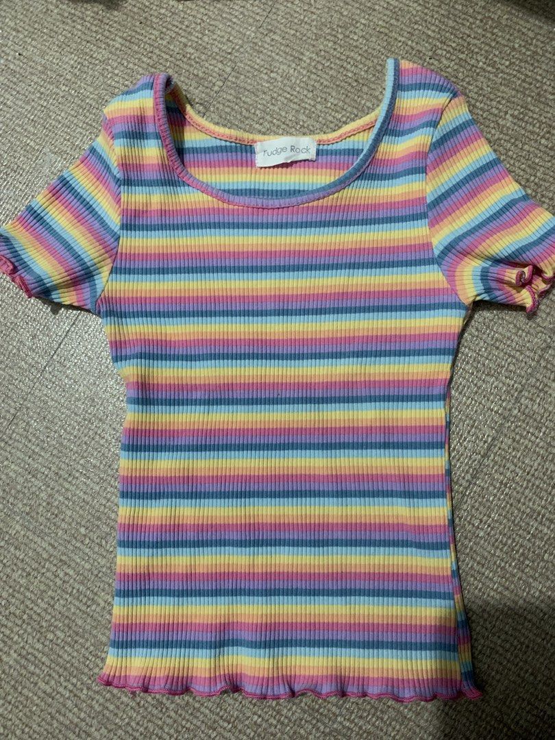 Pastel rainbow stripes fitted croptop XS (Category: Shirts) located in Quezon City. Submitted by aliyahsam (Listing ID 1440156376, Image 1). Description: - brand: fudge rock -size xs - strechable vibrant pastel top -fitted -cute & nakakaputi -i can give u a when worn photo, just pm me rfs: di na kasya lalamove/gogo gcash/bdo qc loc.