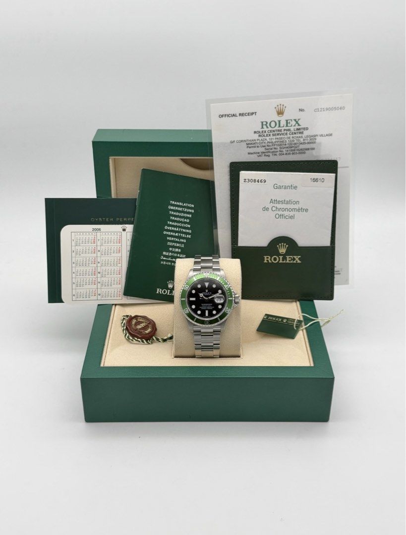 Fullset Rolex Submariner Date 40mm Kermit 2006 (Category: Luxury Watches) located in Manila. Submitted by timelesseleganceph (Listing ID 1440032896, Image 2). Description: Fullset Rolex Submariner Date 40mm Kermit 2006 Reference 16610LV Size 40mm Dated 2006 Complete/Fullset - Box, Warranty Card, Card Holder, Booklet, Tag Card with Rolex Service Receipt .