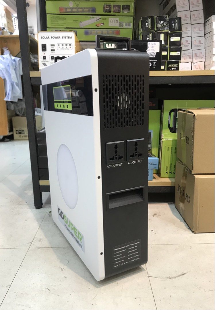GD-1500W Solar Power Station (Category: Other Gadgets) located in Manila. Submitted by o.t.o_solar_xinmey_lighting (Listing ID 1440022125, Image 3). Description: •Product : GD-1500W-1280Wh • Battery : Lithium • Battery Capacity : 1280Wh • Battery Voltage : 12.8V • Battery Rating : 100Ah • AC Output : 220V/ 60Hz • Continuous Output Power : 1500W • Peak Power : 2000W • Solar Input Voltage Range : 36V-95V • Solar Charging Power : Up to 500W • MPPT C