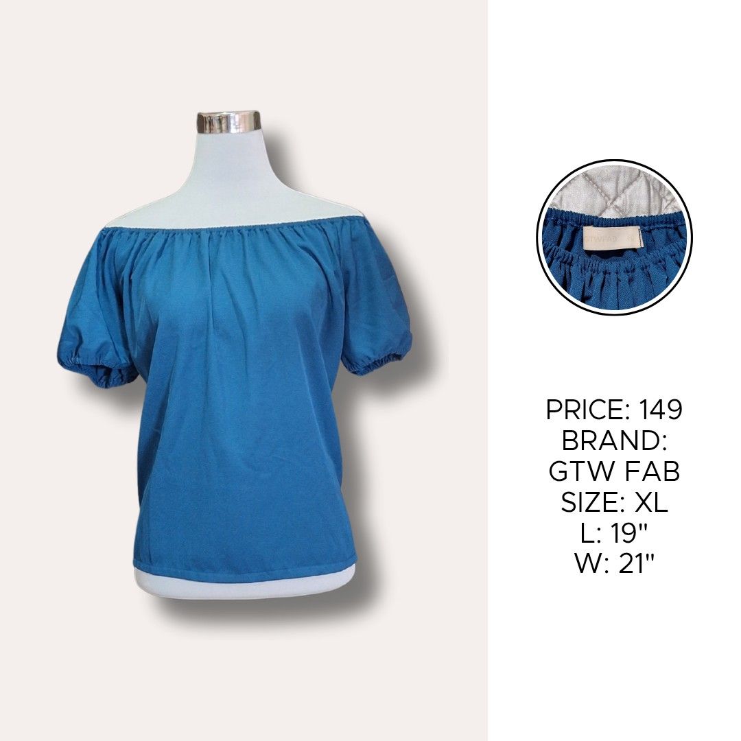 GTW FAB Off-Shoulder Top XL Blue (Category: Blouses) located in Imus. Submitted by kristelleivy (Listing ID 1440031274, Image 1). Description: - Stylish off-shoulder top - Vibrant blue color - Brand: GTW FAB - Size: XL - Features elastic neckline and puff sleeves - Measurements: Length 19 inches, Width 21 inches - Perfect for a casual and chic look.