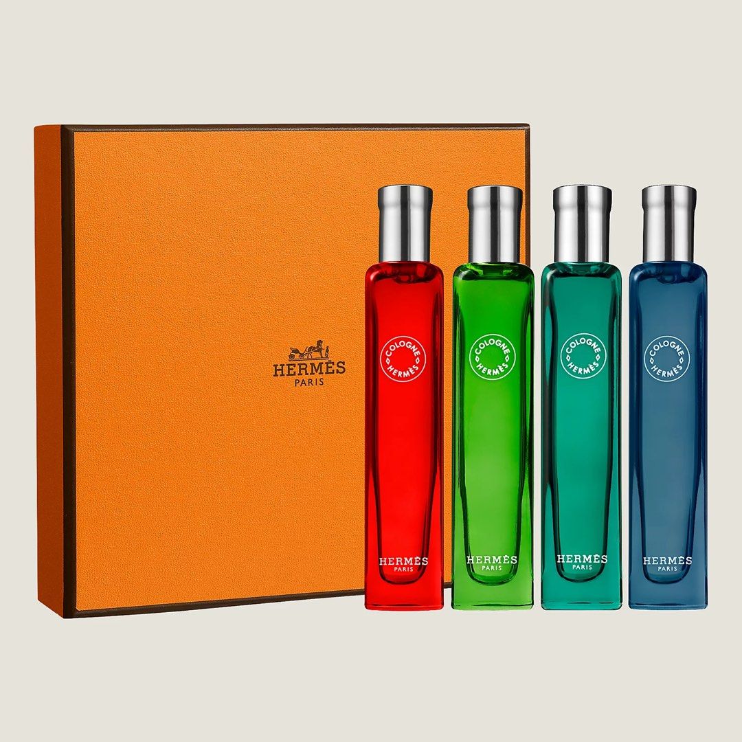 Hermes Eau de Cologne Collection Set (Category: Fragrance & Deodorants) located in Singapore. Submitted by sitin__ (Listing ID 1440155231, Image 1). Description: Discover four iconic Hermes fragrances. Nestled in an orange box, four 15 ml travel-ready bottles colorfully parade their spontaneity and freshness. OLFACTORY NOTES Eau de basilic pourpre: The aromatic freshness of purple basil, enlivened with green bergamot. Eau de citron noir: The vita
