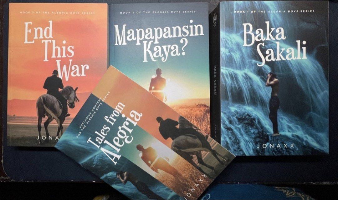 JONAXX Alegria Boys Series Book (Category: Storybooks) located in Manila. Submitted by plnmrn19 (Listing ID 1440116978, Image 1). Description: - Set of 3 books from the Alegria Boys Series by JONAXx. - Includes Book 1: Baka Sakali. - Includes Book 2: Mapapansin Kaya?. - Includes Book 3: End This War. - Comes with exclusive 'Tales from Alegria' content..