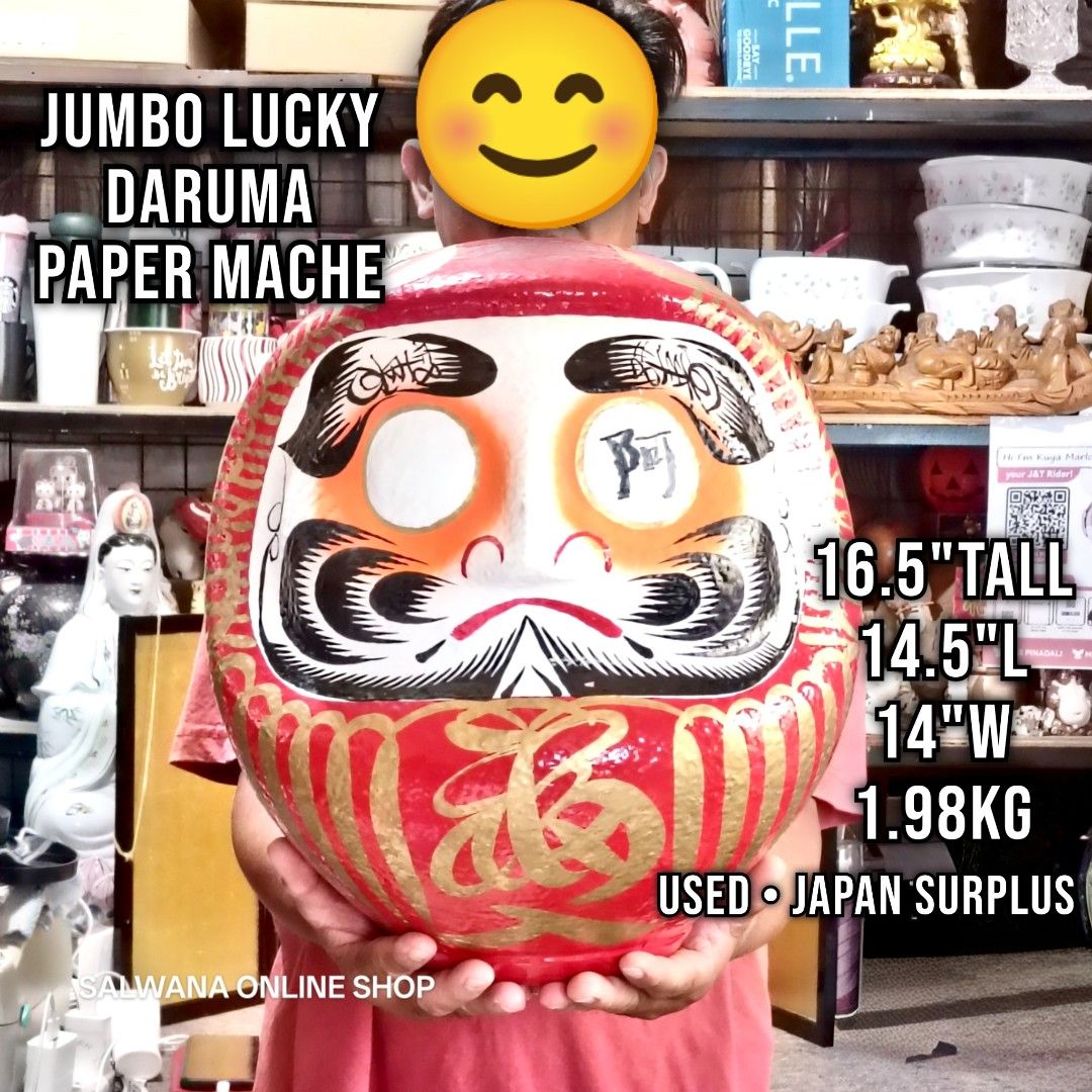 JUMBO LUCKY DARUMA SOLID PAPER MACHE HOME DECOR • JAPAN SURPLUS (Category: Other Home Decor) located in Mabalacat. Submitted by salwanaonlineshop (Listing ID 1440030261, Image 1). Description: JUMBO LUCKY DARUMA SOLID PAPER MACHE HOME DECOR • JAPAN SURPLUS 🇯🇵 Used - Good Condition 🇯🇵 16.5" Tall x 14.5"L x 14"W 🇯🇵 1.9kg 🇯🇵 Solid Paper mache 🇯🇵 No issue 🇯🇵 Japan Source 🇯🇵 ₱1,950 Daruma dolls are used and cherished as a symbol of good 