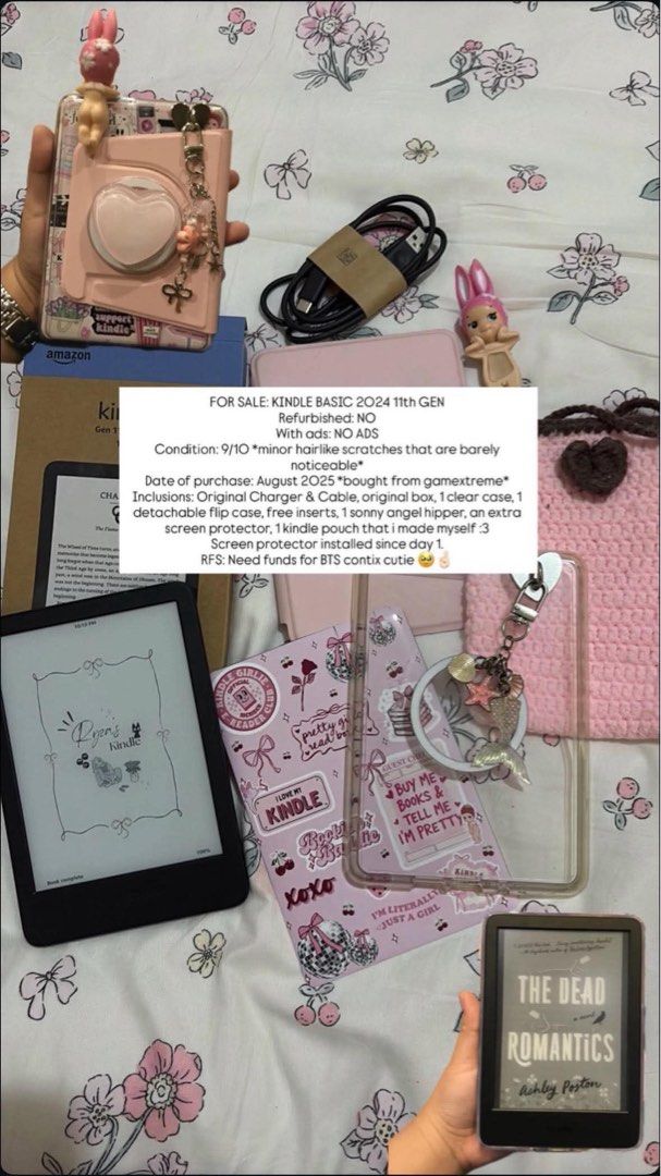 not accepting low ballers! Kindle Basic 2024 11th Gen with Accessories (Category: E-Readers) located in Tarlac. Submitted by kayie__ (Listing ID 1440091851, Image 2). Description: - Kindle Basic 11th Gen (2024 model) - Purchased: August 2023 - Includes: Original charger, cable, box - Accessories: Clear case, detachable flip case, free inserts, Sonny Angel figure, extra screen protector, handmade Kindle pouch - Condition: Screen protector on since
