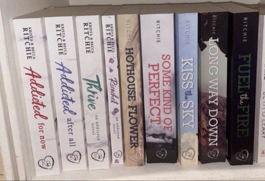 Krista & Becca Ritchie Addicted Series Books Complete Set (Category: Storybooks) located in Las Pinas. Submitted by privari (Listing ID 1440015862, Image 1). Description: - Complete collection of Krista & Becca Ritchie's Addicted series. - Titles included: Addicted for Now, Addicted After All, Thrive, Ricochet, Hothouse Flower, Some Kind of Perfect, Kiss the Sky, Long Way Down, Fuel the Fire. - Ideal for fans looking to finish their set..