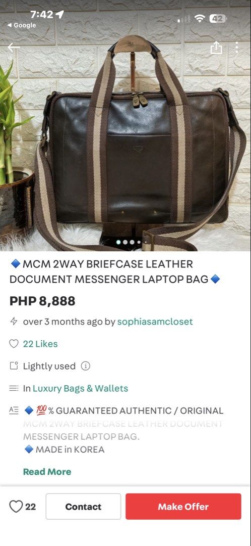 Mcm laptop bag (Category: Luxury Bags & Wallets) located in Calamba. Submitted by angelspetdogs (Listing ID 1440113120, Image 3). Description: Original vintage laptop or briefcase bag preloved minimal sign of used ang mahal pa sa iba.