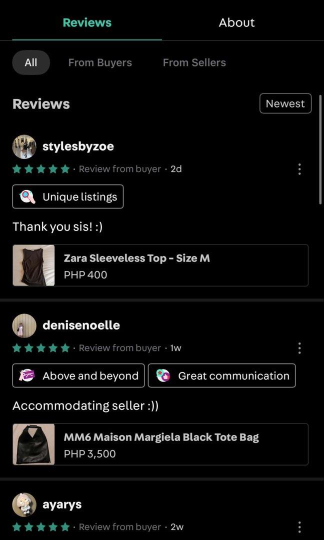 My Reviews from old acc (Category: Shoulder Bags) located in Las Pinas. Submitted by maureendeclutterings2 (Listing ID 1440118492, Image 2). Description: screenshot of reviews..