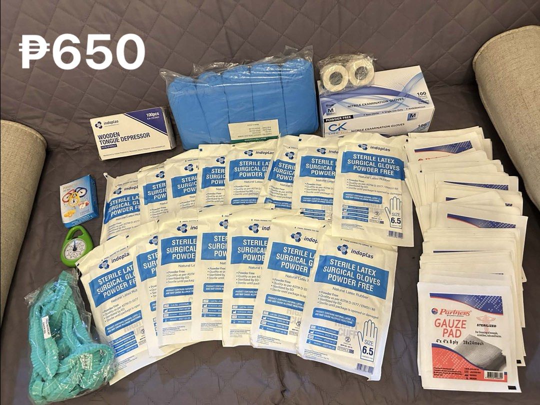 Nursing medical supplies (Category: Medical Supplies & Tools) located in Paranaque City. Submitted by jullianajoco (Listing ID 1440008546, Image 1). Description: ₱650 Inclusions: ➡️15 pcs Indoplas Sterile Gloves 6.5 (Expiration: 05/2027) ➡️58 pcs 4x4 Partners Gauze Pad ➡️100 pcs ChemTech Nitrile Gloves (Medium) ➡️100 pcs Indoplas Wooden Tongue Depressor ➡️Hanging scale ➡️50 pcs shoe covers ‼️FREE‼️ 2 surgical tapes and disposable surgical cap.