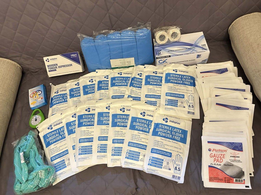 Nursing medical supplies (Category: Medical Supplies & Tools) located in Paranaque City. Submitted by jullianajoco (Listing ID 1440008546, Image 2). Description: ₱650 Inclusions: ➡️15 pcs Indoplas Sterile Gloves 6.5 (Expiration: 05/2027) ➡️58 pcs 4x4 Partners Gauze Pad ➡️100 pcs ChemTech Nitrile Gloves (Medium) ➡️100 pcs Indoplas Wooden Tongue Depressor ➡️Hanging scale ➡️50 pcs shoe covers ‼️FREE‼️ 2 surgical tapes and disposable surgical cap.