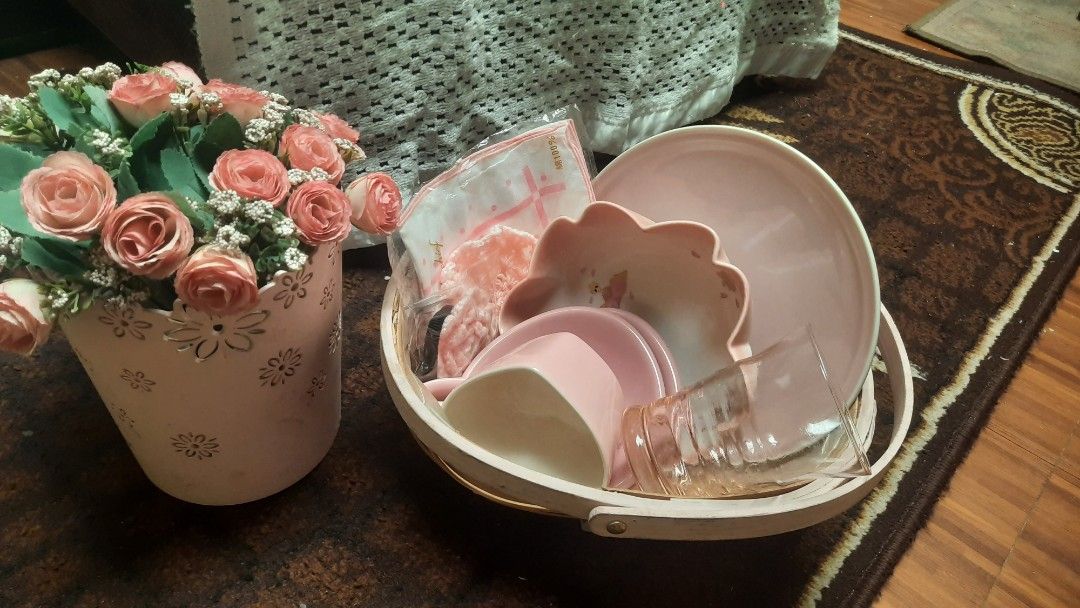 Pink ceramic bundle with rattan basket 10 pcs (Category: Dinnerware & Cutlery) located in Manila. Submitted by luckycharm_215 (Listing ID 1440012111, Image 1). Description: hanky new crochet new ceramics used rattan used.