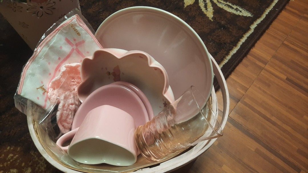 Pink ceramic bundle with rattan basket 10 pcs (Category: Dinnerware & Cutlery) located in Manila. Submitted by luckycharm_215 (Listing ID 1440012111, Image 2). Description: hanky new crochet new ceramics used rattan used.