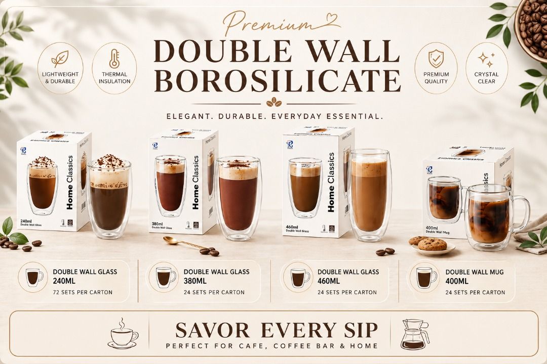 PREMIUM DOUBLE WALL BOROSILICATE GLASS ☕ (Category: Coffee & Tea Tableware) located in Manila. Submitted by cartelcomnl (Listing ID 1440042584, Image 1). Description: PREMIUM DOUBLE WALL BOROSILICATE GLASS ☕ Perfect for Café • Coffee Bar • Home Use ✨ Elegant & crystal clear design ✨ Keeps drinks hot or cold longer ✨ Lightweight yet durable ✨ Perfect for coffee, latte, tea & iced drinks Available Sizes: 240ML • 380ML • 460ML • 400ML Mug Message us