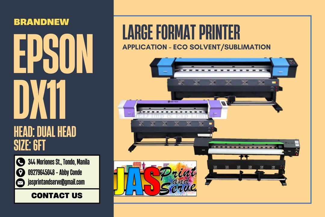 PRINTER FOR SALE (TARPAULIN) (Category: Printers, Scanners & Copiers) located in Manila. Submitted by abbyconde (Listing ID 1440085060, Image 1). Description: Permission to Post, Admin! 🚀 Special Offers on Brand New Large Format Printers! 🚀 We are a trusted supplier of high-quality printing equipment, including: 🖨️ Large Format Printers (Brand New) ➡️Printheads: DX11, and i3200/xc90 ➡️Applications: Eco Solvent and Sublimation ➡️Available Sizes