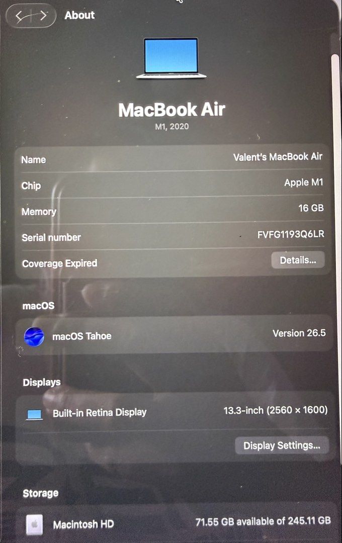 Selling my Macbook Air M1 (Category: Laptops & Notebooks) located in Manila. Submitted by vpszb14 (Listing ID 1439995116, Image 2). Description: ✨Selling my MacBook Air M1✨ -16GB RAM | 256GB SSD -Good condition + normal battery health (84%) -RFS: Upgrade 🙈 Still smooth and reliable for work, school, or daily use. Php 27K PM if interested ✨.