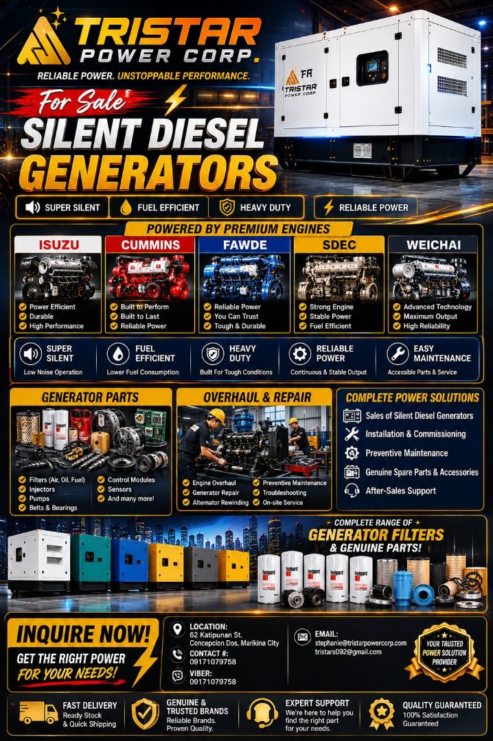 Silent Diesel Generator (Category: Construction Tools & Equipment) located in Marikina City. Submitted by tristar_ (Listing ID 1440068008, Image 1). Description: New Stocks!!! Direct Supplier - Affordable / Quality - Silent Type - Open Type - 5kva up to 2500kva - ATS - MTS - 1 year warranty / 1000 running hours Prime Power / Standby Power Single phase or three phase OTHER SERVICES Installation Maintenance Automatic transfer switch Backup power so